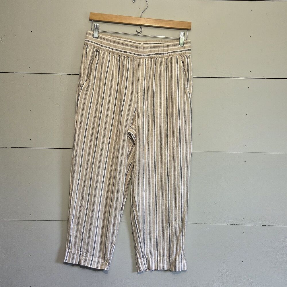 LOFT Outlet Women's High Rise Straight Petite Striped Linen Viscose Pants MP